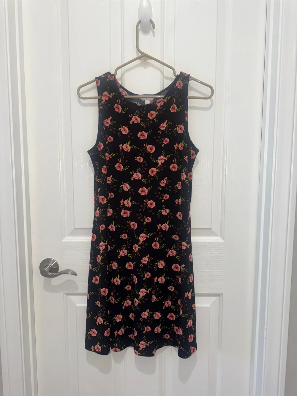 Charming Charlie Black Floral Sleeveless A-Line Dress w/Pink Roses